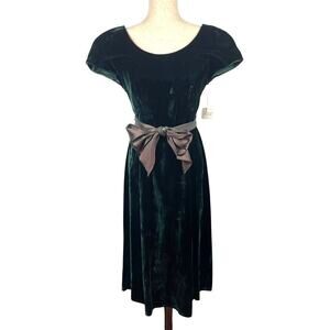 Vintage 80s 90s Donna Ricco Emerald Green Velvet Midi Dress Tie Waist Women's 8
